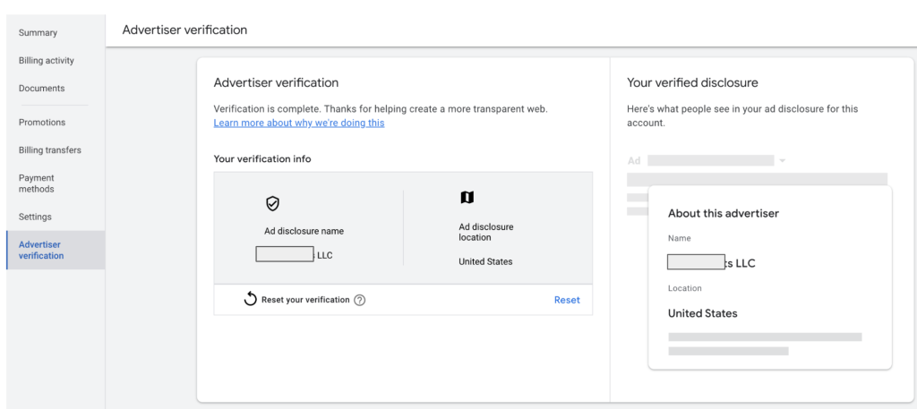 Advertiser verification in Google Ads account 